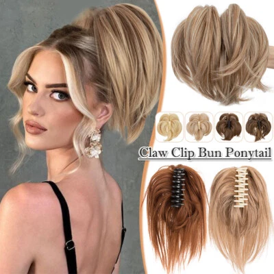 Thicker Curly Messy Bun Claw Clip Ponytail Hair Extensions Chignon Soft as Human - Image 1 of 4