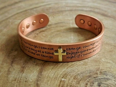 Pure Copper Magnetic Bracelet Arthritis Pain Therapy Cuff Serenity Prayer Cross - Image 1 of 4