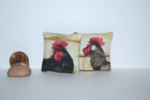 1:12 Scale Miniature Dollhouse Pillows Cushions 2 Handmade Pillows Farm Chickens - Picture 1 of 4