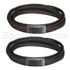 Mens Multi-layer Twisted Leather Wrap Strap Stainless Steel Buckle Bracelet Cuff