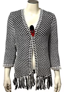 Chicos Black White Fringed Open Front Knit Cardigan Sweater 3/4 Sleeves Size 1 - Picture 1 of 13