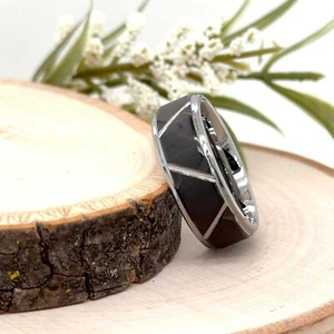 8mm Black And Silver Tungsten Carbide Band Polished Edges trapezoid Design Ring - Picture 1 of 4