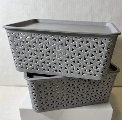 Plastic  Rattan Storage Basket with Lid Home Office Bedroom Container Box, qty 2 - Image 1 of 4