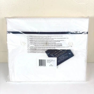 Ralph Lauren Percale King Flat Sheet Polo Navy Trim Organic Cotton Luxury NEW - Image 1 of 4