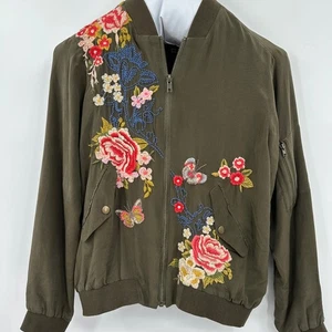 Johnny Was Bomberjacke Seide olivgrün bestickt Blumen Damen Größe XS - Bild 1 von 12