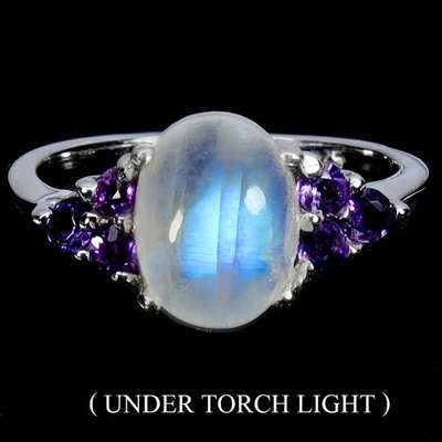 Anillo de plata de ley 925 piedra lunar ovalada 9x7 mm amatista piedras preciosas joyería tamaño 6 Foto 1 de 4