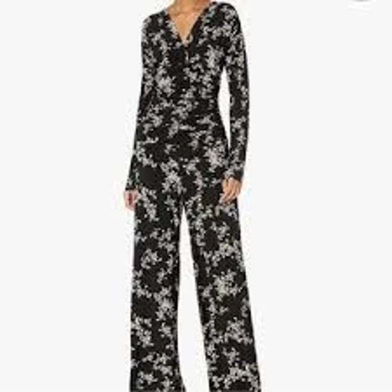 Mono fruncido estampado floral NORMA KAMALI ELÁSTICO AJUSTADO pierna ancha negro talla XS Foto 1 de 4