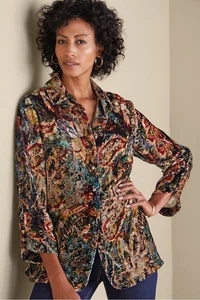 Soft Surroundings Icon Silk Velvet Poets Tunic Shirt Floral Multi Button Down XL - Picture 1 of 11