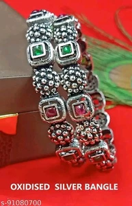 German Silver Oxidized Multi Plated Bangle Bridal Kundan Wedding Kada (2Pcs) - Picture 1 of 2