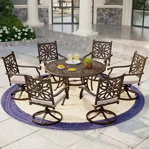 7 Piece Cast Alumium Patio Dining Set Round Table Outdoor Swivel Chair - Picture 1 of 14