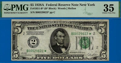 1928A $5 Federal Reserve Note PMG 35 rare PMG graded 13 New York star Fr 1951-B* - Image 1 of 4