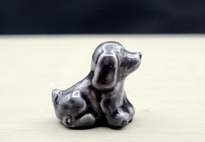 Gray Puppy Sitting Dog Glazed Ceramic Vintage Very Small Mini Figurine Kitsch - Picture 1 of 5