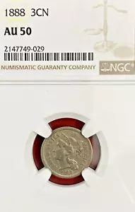 NGC AU-50! 1888 THREE CENT NICKEL - Picture 1 of 3