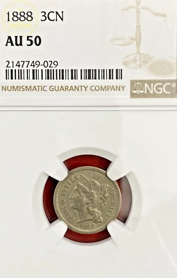 NGC AU-50! 1888 THREE CENT NICKEL - Image 1 of 3