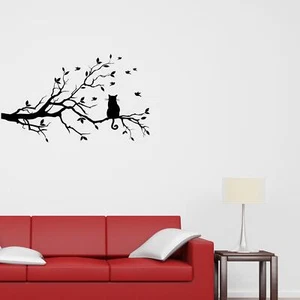 Calcomanía adhesiva de pared animal rama de árbol gato sentado en una rama árbol transferencia hogar vinilo Reino Unido - Imagen 1 de 36