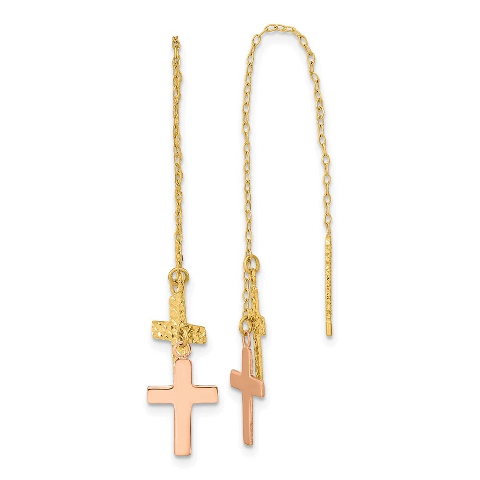 63mm 14k Yellow & Rose Gold Shiny-Cut Polished Crosses Threader Earrings - Image 1 of 4