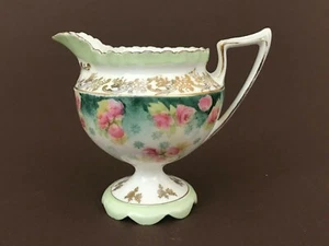 ATQ RS Prussia Signed Pink Roses Floral Ruffled Edge Pedestal Creamer Gold Trim - Picture 1 of 6