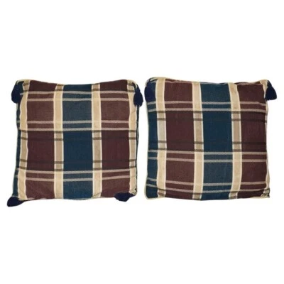 PAIR OF LARGE 55CM TARTAN BLUE VELVET WITH TASSELS SOFA ARMCHAIR CUSHION PILLOWS - Image 1 of 4