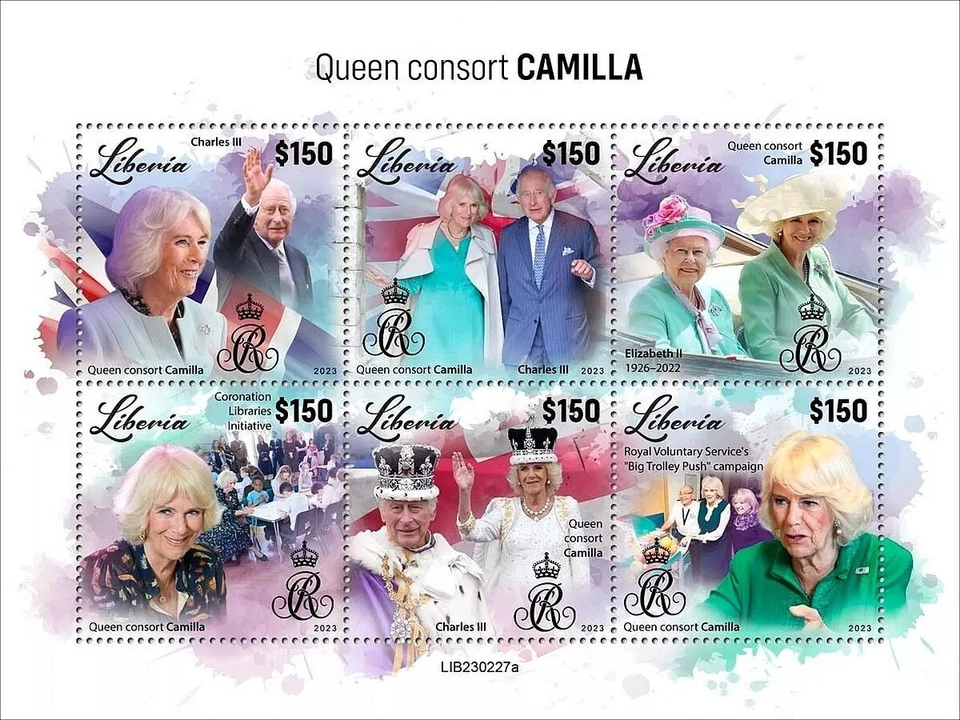 Hoja de estampillas de la reina consorte camilla y el rey Carlos III y QEII (2023 Liberia) Foto 1 de 1