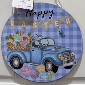 NWT Blue Plaid Happy Easter Retro Hanging Sign w. Twine Bunting 10.5"x10.5" - Picture 1 of 1