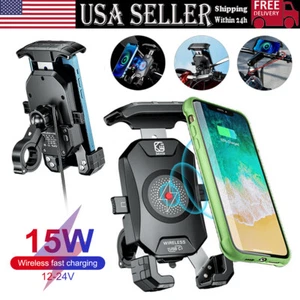 Phone Holder 15W Wireless Charger USB Charging Mount for Motorcycle Handlebar - Picture 1 of 17