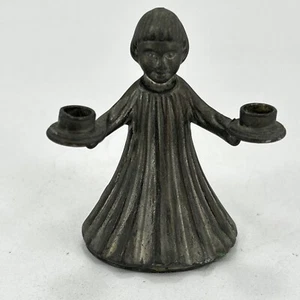 Young Girl Metal Statue Standing Holding Saucers Brass Color Look 3.5" Tall - Picture 1 of 5