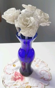 Vintage Lot of 4 French Glass Seed Beaded SILVER ROSES 25th Anniversary Party - Picture 1 of 12