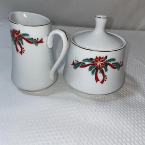 Poinsettia & Ribbons Christmas Fine China Sugar Bowl with Lid & Creamer - Picture 1 of 6