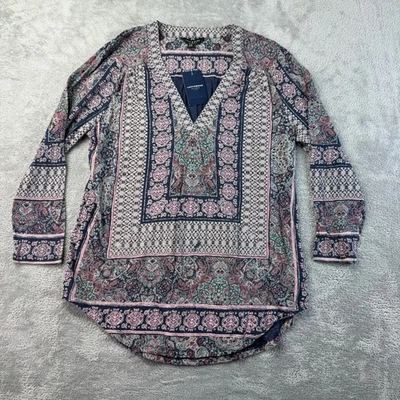 Lucky Brand Top Womens Large Navy Blue Long Sleeve Paisley Boho Blouse Shirt NWT - Image 1 of 4