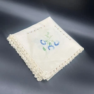 Handmade Embroidered Tablecloth Floral Crocheted Trim Cream Blue Pink Small - Picture 1 of 10