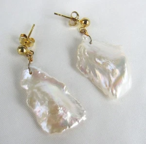 Freshwater Large Baroque Keshi Pearl Sterling Silver Gold Plated Dangle Earrings - Picture 1 of 5