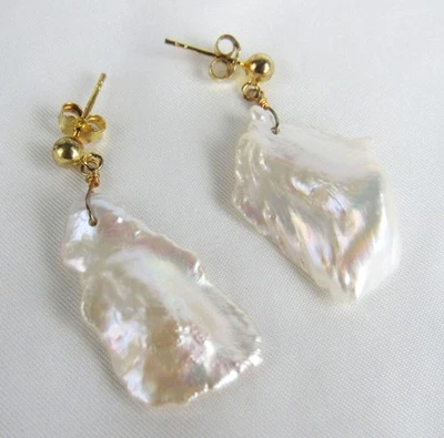 Freshwater Large Baroque Keshi Pearl Sterling Silver Gold Plated Dangle Earrings - Image 1 of 4