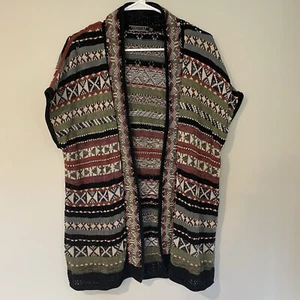 PERUVIAN CONNECTION Multicolor Abstract Open Front Wrap Cardigan Sz S Fair Isle - Picture 1 of 8