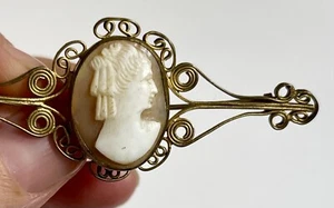 Antique Victorian Goldtone Filigree Cameo Brooch Bar Pin - Picture 1 of 8