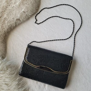 Vintage Chainmail Art Deco Clutch with Serpentine Chain Strap Black Gold Enamel - Picture 1 of 13