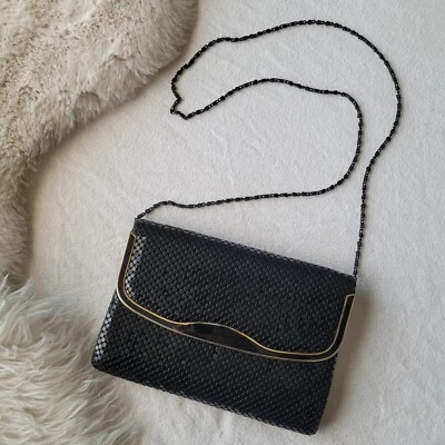 Vintage Chainmail Art Deco Clutch with Serpentine Chain Strap Black Gold Enamel - Image 1 of 4