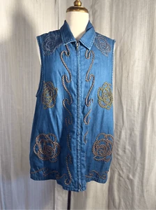 Vintage Bobbie Brooks Embroidered Jean Vest - Size XL - Picture 1 of 5