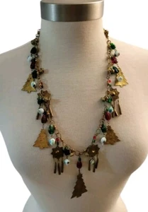 Vintage MCM Brass Christmas Tree And Art Glass Ornament Charm Necklace 24" - Picture 1 of 8