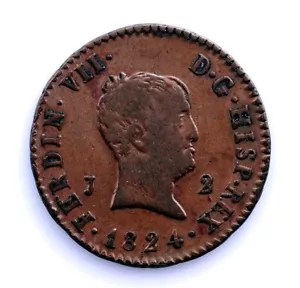 SC. Spain-Fernando VII 2 Maravedís "Cabezón" 1824 Jubia. Cobre 2,7 g. - Imagen 1 de 2