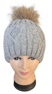 Grobstrickmütze grau Beanie Kaschmir Mix Kunstfell Bommel/Bommel warm dick - Bild 1 von 9