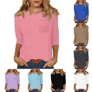 Women's`Fashion Casual Three Quarter Sleeve T-Shirt Solid Color O-Neck Tops-A - Picture 1 of 37