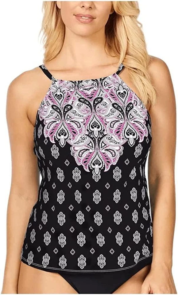 Island Escape 284748 White Sands Cali Printed Tankini Top Black, Size  10 - Image 1 of 2