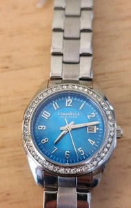 Vintage Caravelle New York Silver Tone w/ Blue Face Crystal Watch - 8” - Picture 1 of 4