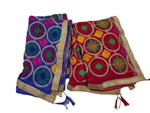 Pack de 2 bufandas bordadas a mano rojas y azules Georgette Dupatta estola hiyab envolvente - Imagen 1 de 3