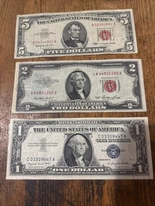 1963 $5.00 Red, 1953 $2.00 Red, 1957A $1.00 Blue silver dollar certificate Notes - Picture 1 of 4