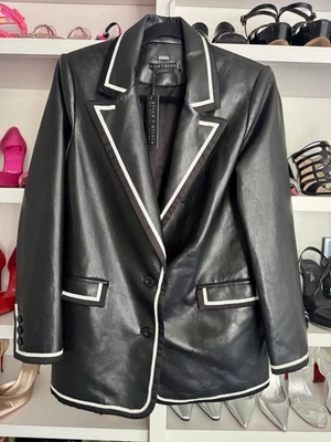 Alice & Olivia Elna NWT $595 Blazer Vegan Leather Black Ecru 6 8 - Image 1 of 4