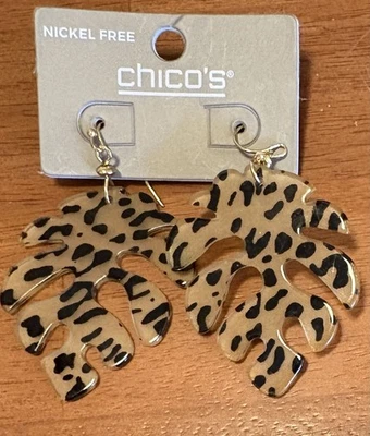 PENDIENTES CHICO'S MONSTERA EN FORMA DE HOJA COLGANTE ESTAMPADO LEOPARDO PATRÓN ACRÍLICO NUEVOS CON ETIQUETAS Foto 1 de 4