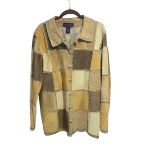 Chaqueta Denim & Co Vintage Crochet Patchwork Cuero Gamuza Abotonada L Y2K Boho - Imagen 1 de 7