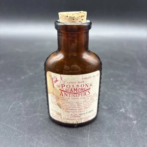 Vintage Eli Lilly & Co. Diamond Poison Antiseptics Bottle With Label & Cork - Picture 1 of 7