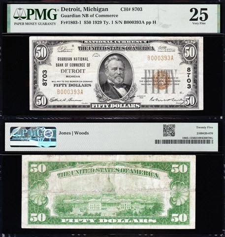 VERY NICE *SCARCE* Bold & Crisp VF 1929 $50 DETROIT, MI National Banknote PMG 25 Cover